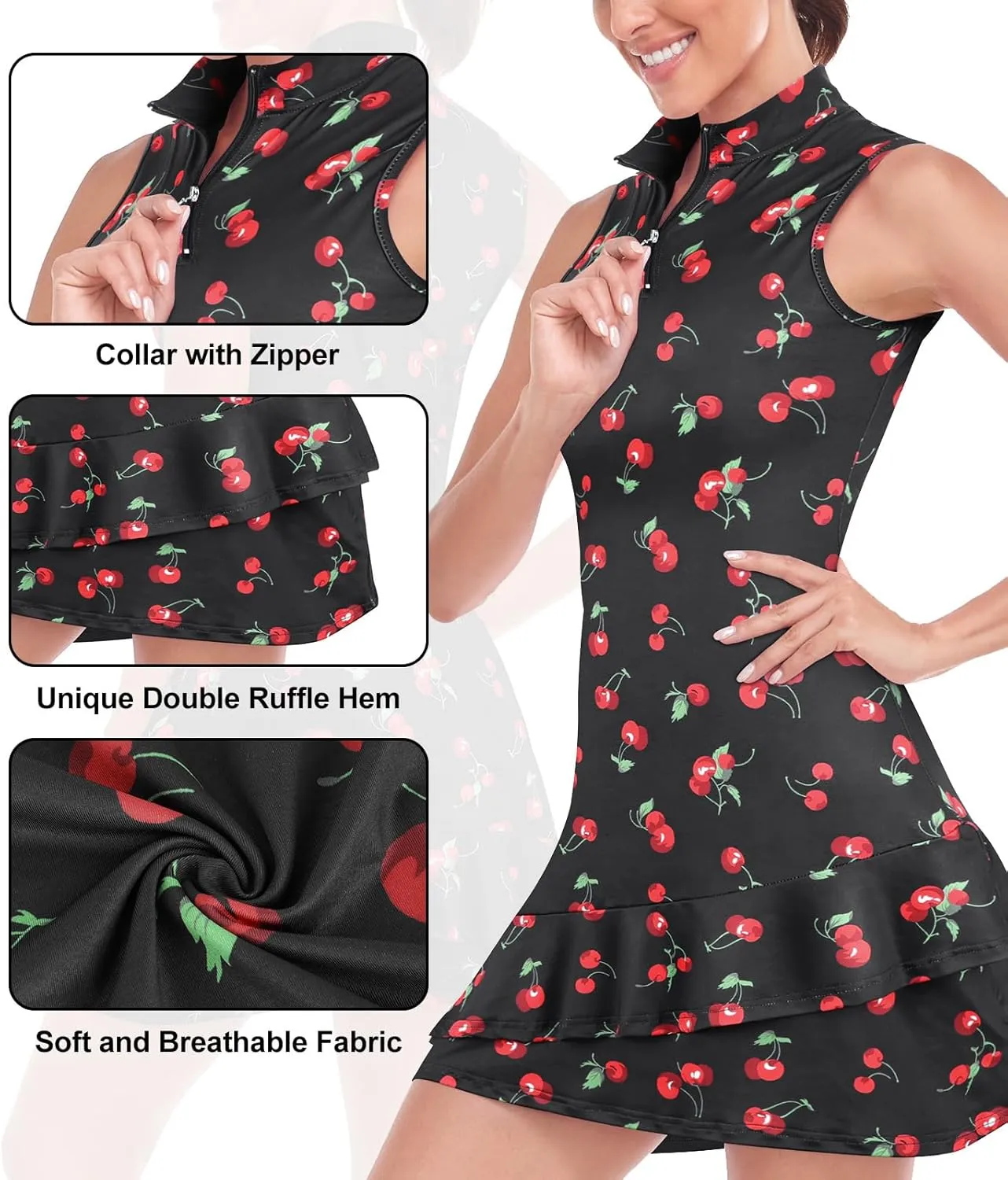 Viracy Tennis Dress for Women Sleeveless Golf Dresses with Shorts and Pockets Ruffle Zip Up Stand Collar Golf Outfits