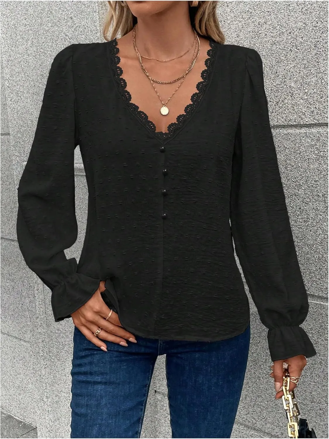 WDIRARA Women's Swiss Dots Lace Trim Blouse V Neck Long Sleeve Top