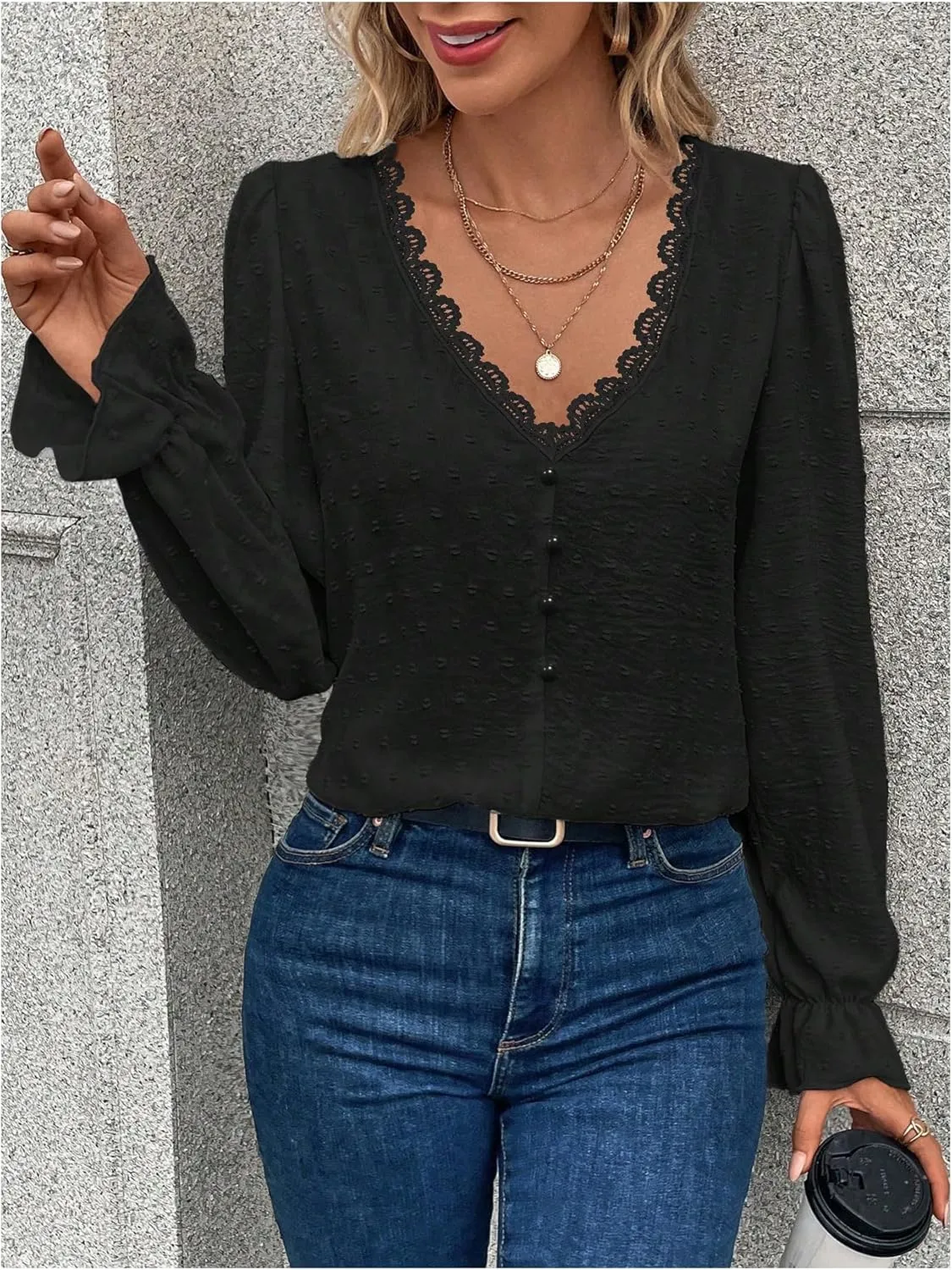 WDIRARA Women's Swiss Dots Lace Trim Blouse V Neck Long Sleeve Top