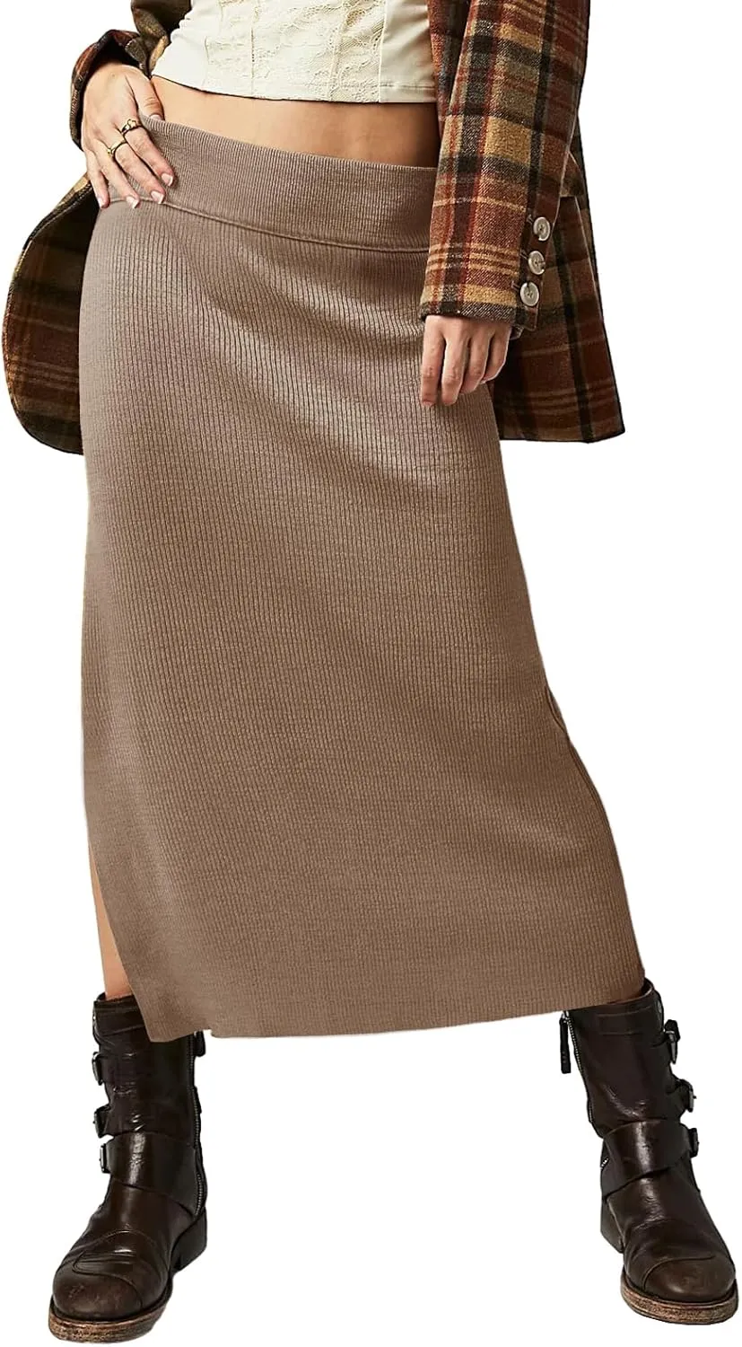 Wenrine Women's High Waist Midi Skirt Ribbed Knit Slit Hem Casual Bodycon Pencil Skirt