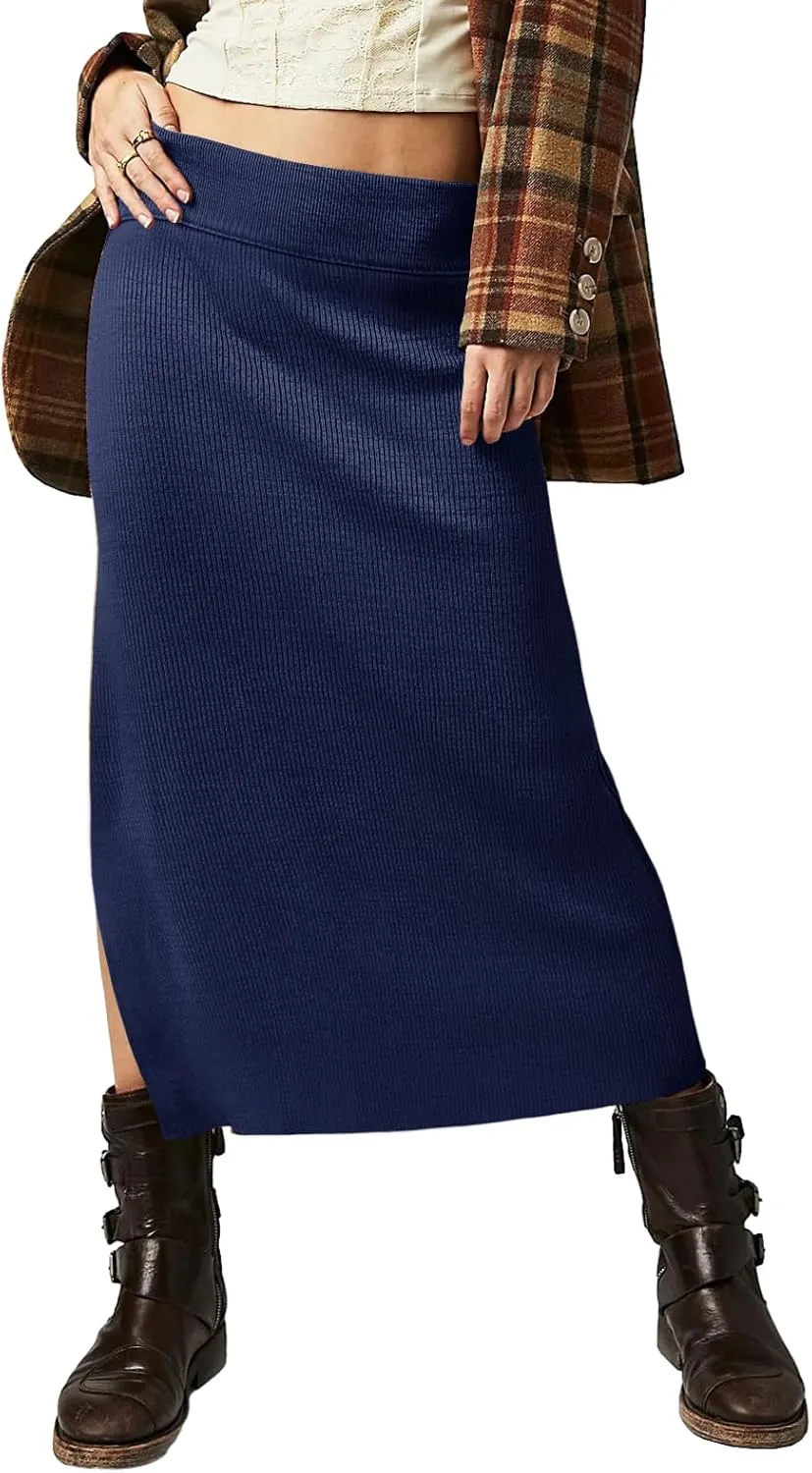 Wenrine Women's High Waist Midi Skirt Ribbed Knit Slit Hem Casual Bodycon Pencil Skirt