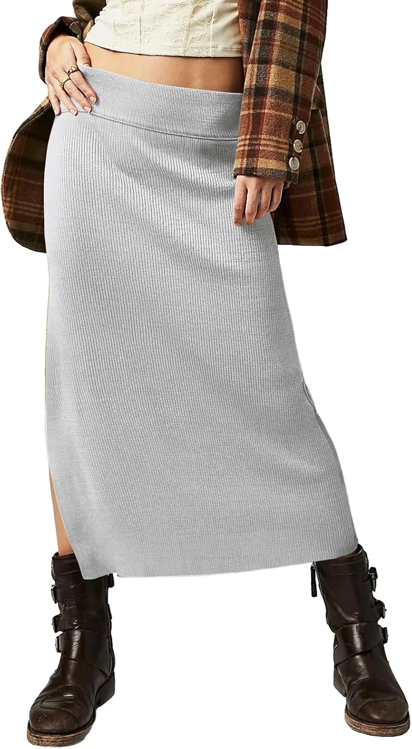 Wenrine Women's High Waist Midi Skirt Ribbed Knit Slit Hem Casual Bodycon Pencil Skirt