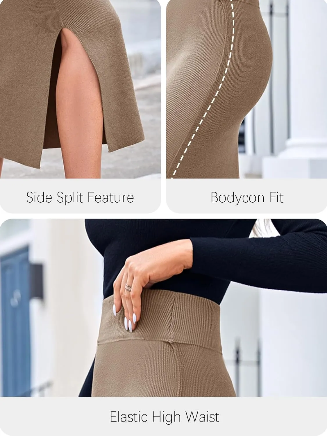Wenrine Women's High Waist Midi Skirt Ribbed Knit Slit Hem Casual Bodycon Pencil Skirt