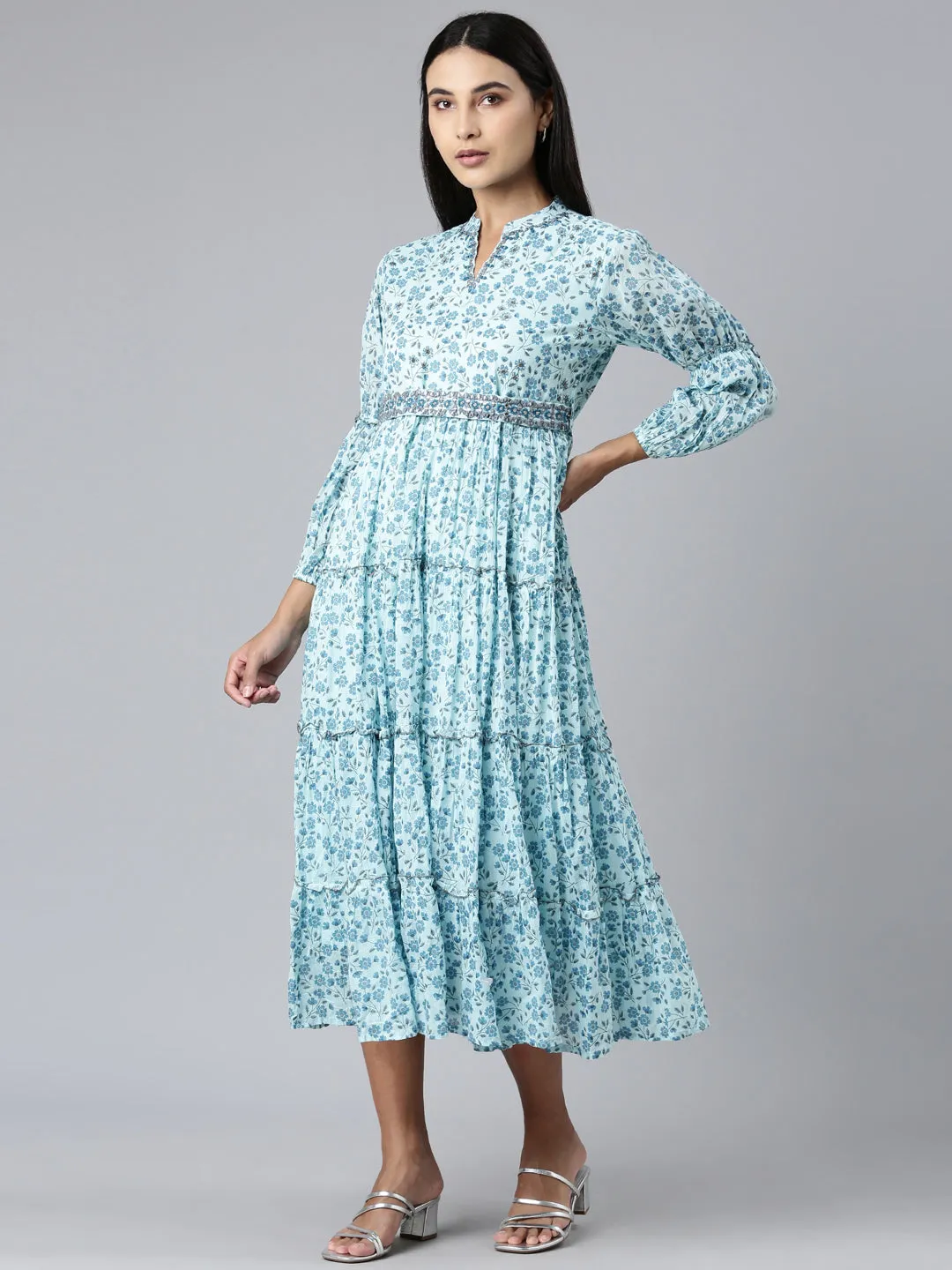 Women Blue Floral Fit and Flare Dress