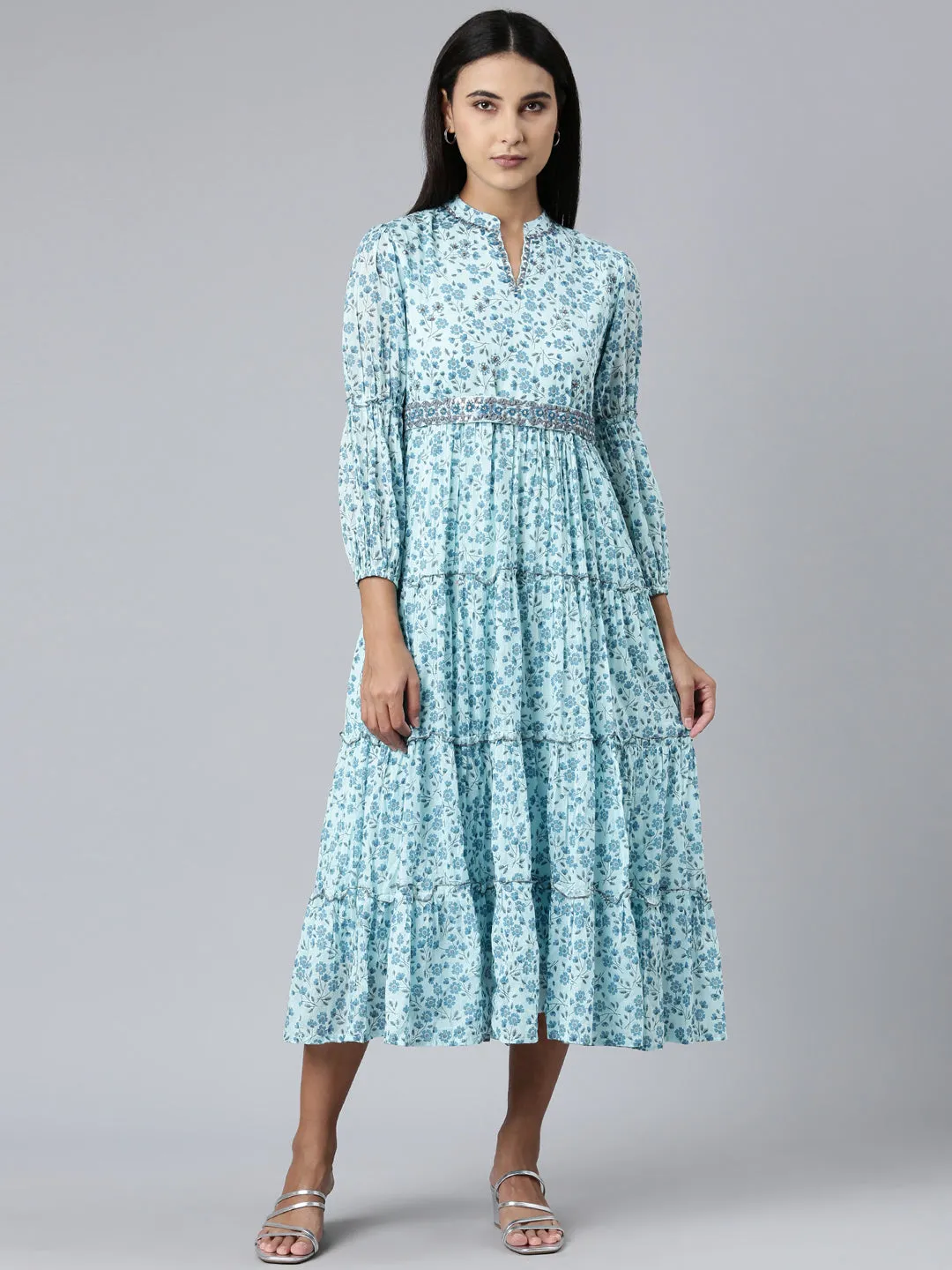 Women Blue Floral Fit and Flare Dress