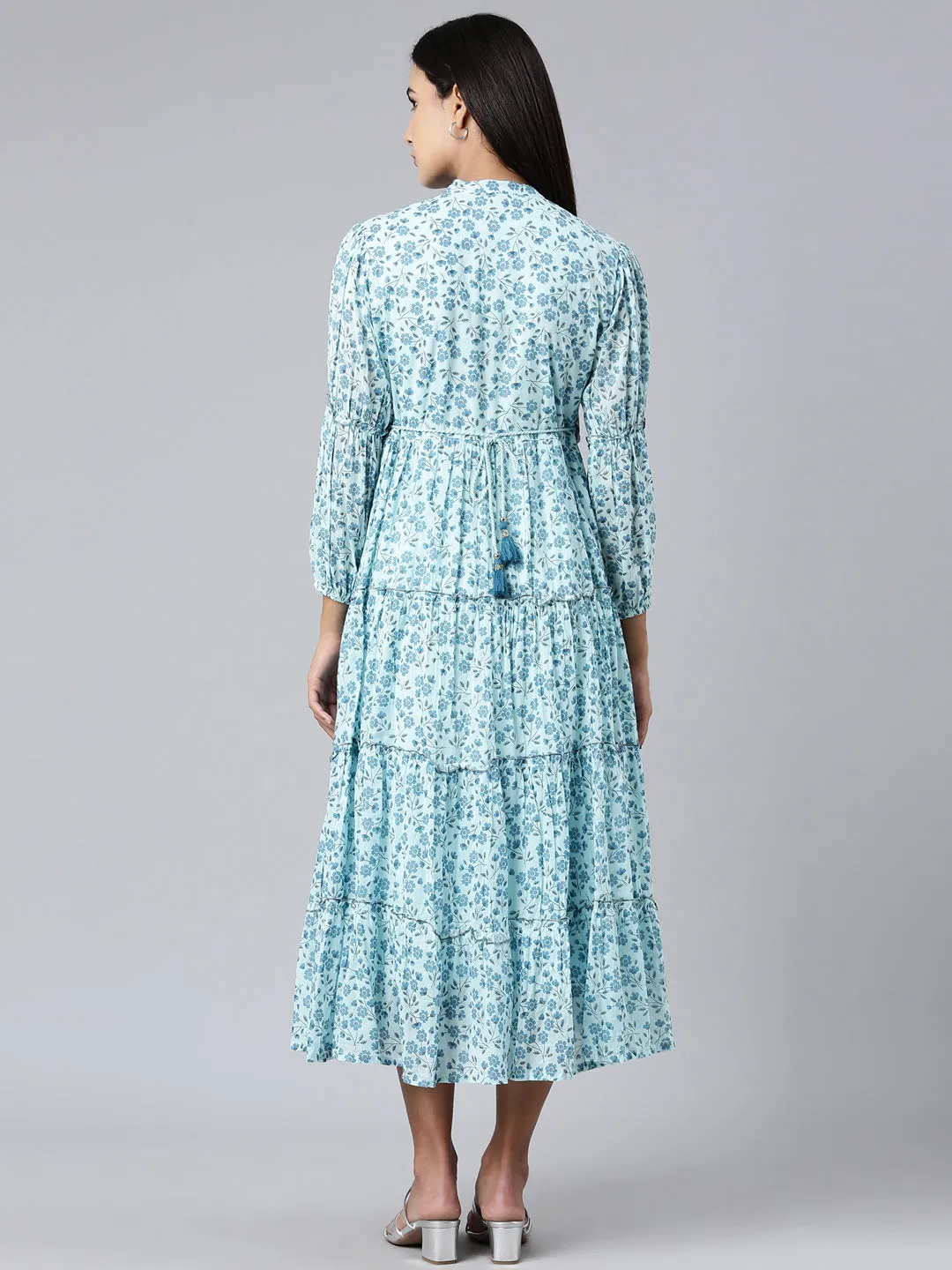 Women Blue Floral Fit and Flare Dress