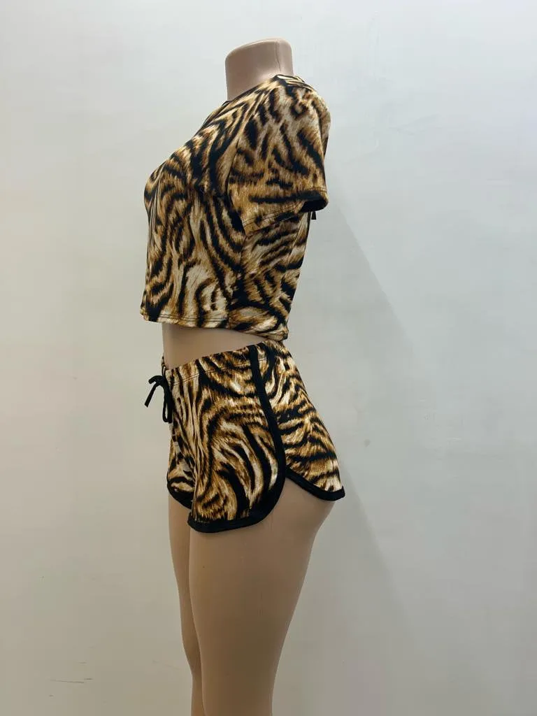 Women's Animal Print 2 Piece Outfits, Sleeved Crop Top and Shorts Two Piece Set