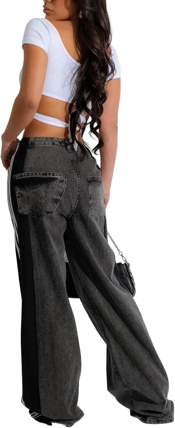 Women's Loose Denim Jeans with Patchwork Stripes High Waist Color Block Wide Leg Pants