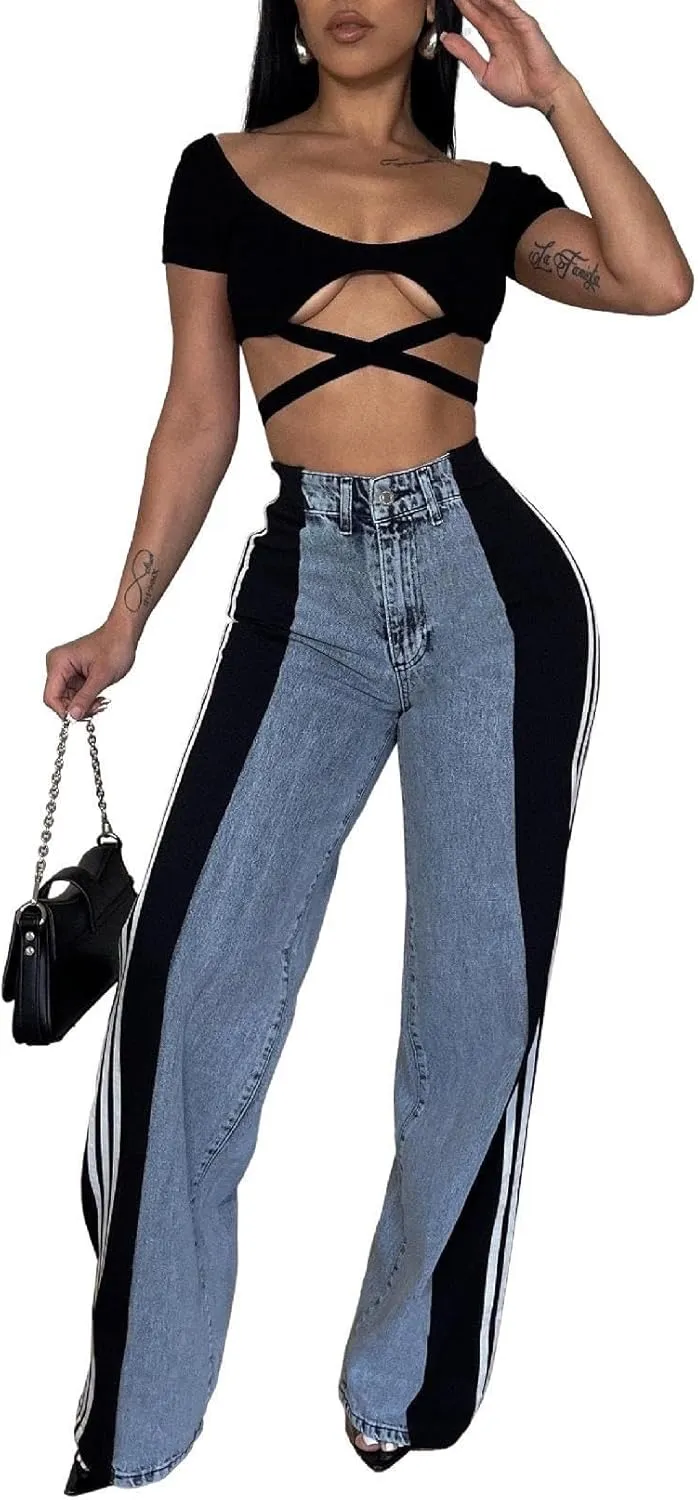 Women's Loose Denim Jeans with Patchwork Stripes High Waist Color Block Wide Leg Pants