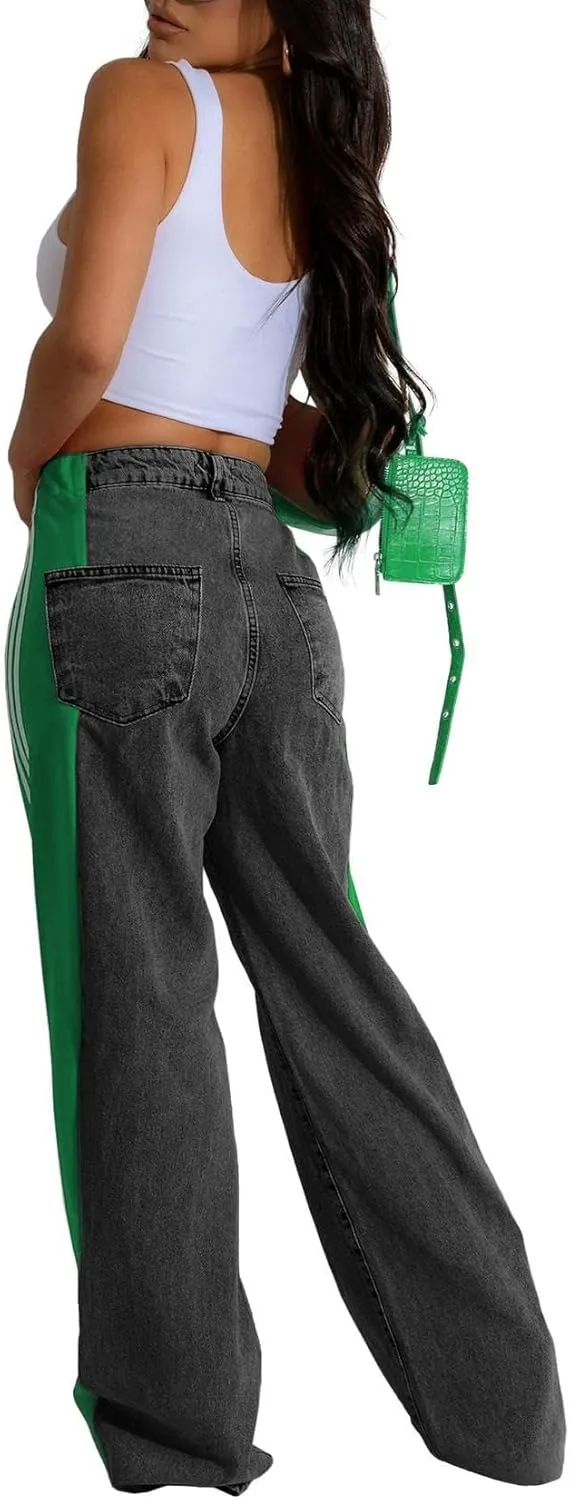 Women's Loose Denim Jeans with Patchwork Stripes High Waist Color Block Wide Leg Pants