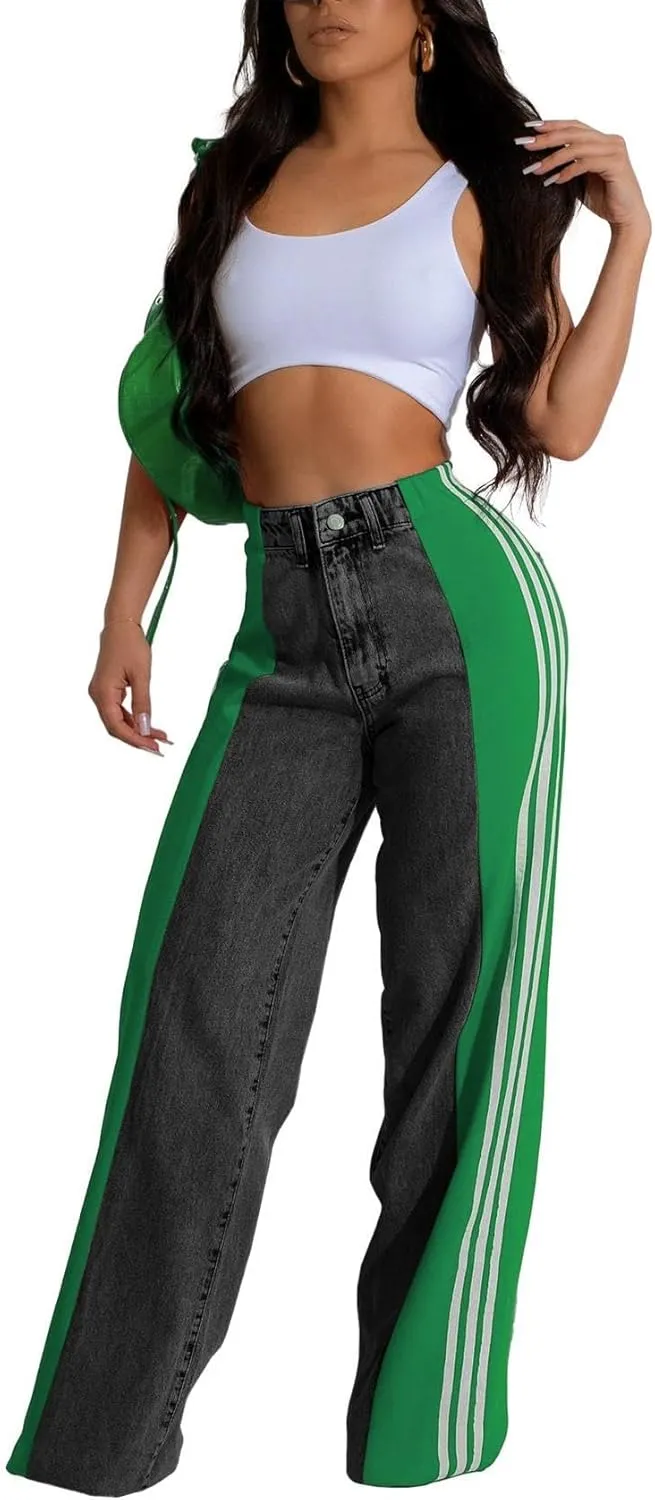 Women's Loose Denim Jeans with Patchwork Stripes High Waist Color Block Wide Leg Pants