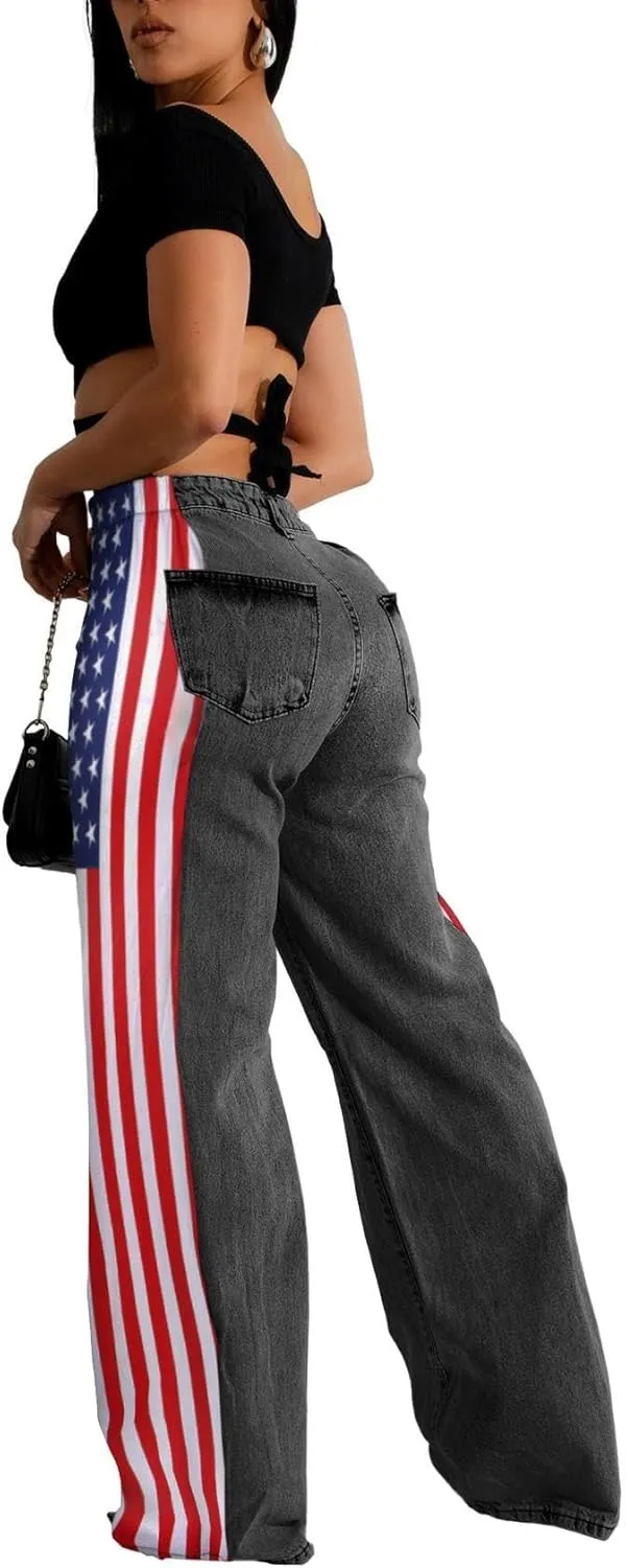 Women's Loose Denim Jeans with Patchwork Stripes High Waist Color Block Wide Leg Pants