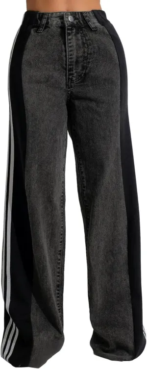 Women's Loose Denim Jeans with Patchwork Stripes High Waist Color Block Wide Leg Pants