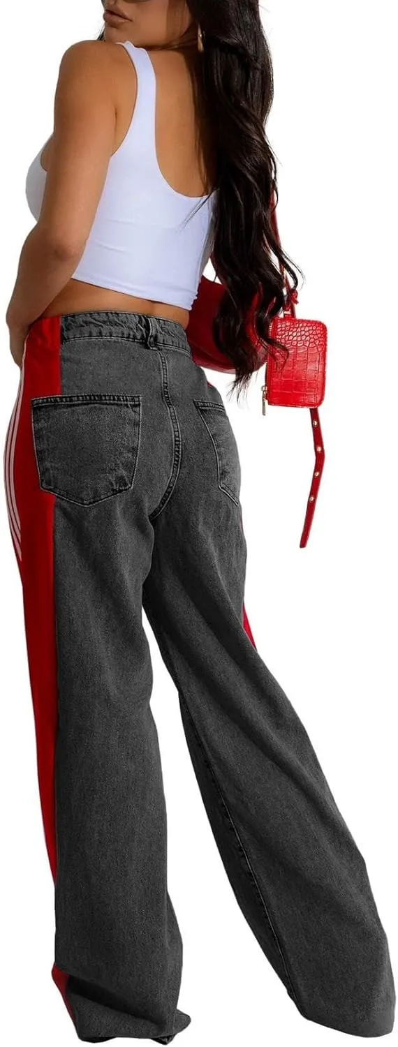 Women's Loose Denim Jeans with Patchwork Stripes High Waist Color Block Wide Leg Pants
