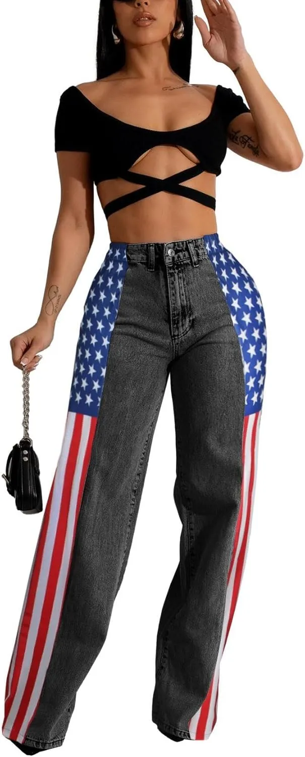 Women's Loose Denim Jeans with Patchwork Stripes High Waist Color Block Wide Leg Pants