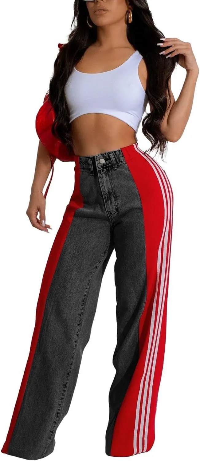 Women's Loose Denim Jeans with Patchwork Stripes High Waist Color Block Wide Leg Pants
