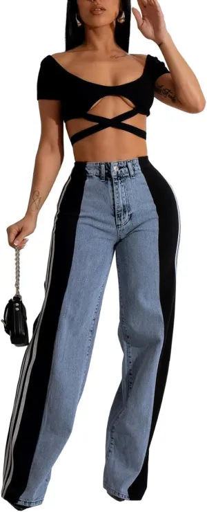 Women's Loose Denim Jeans with Patchwork Stripes High Waist Color Block Wide Leg Pants