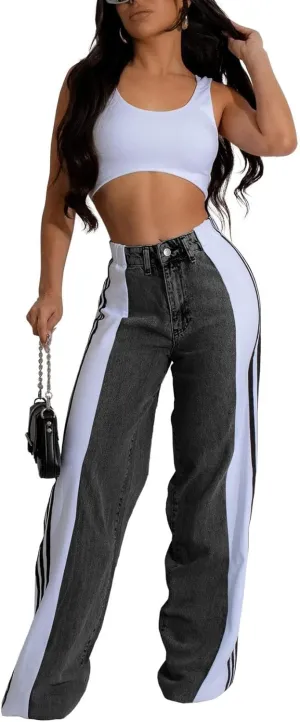 Women's Loose Denim Jeans with Patchwork Stripes High Waist Color Block Wide Leg Pants
