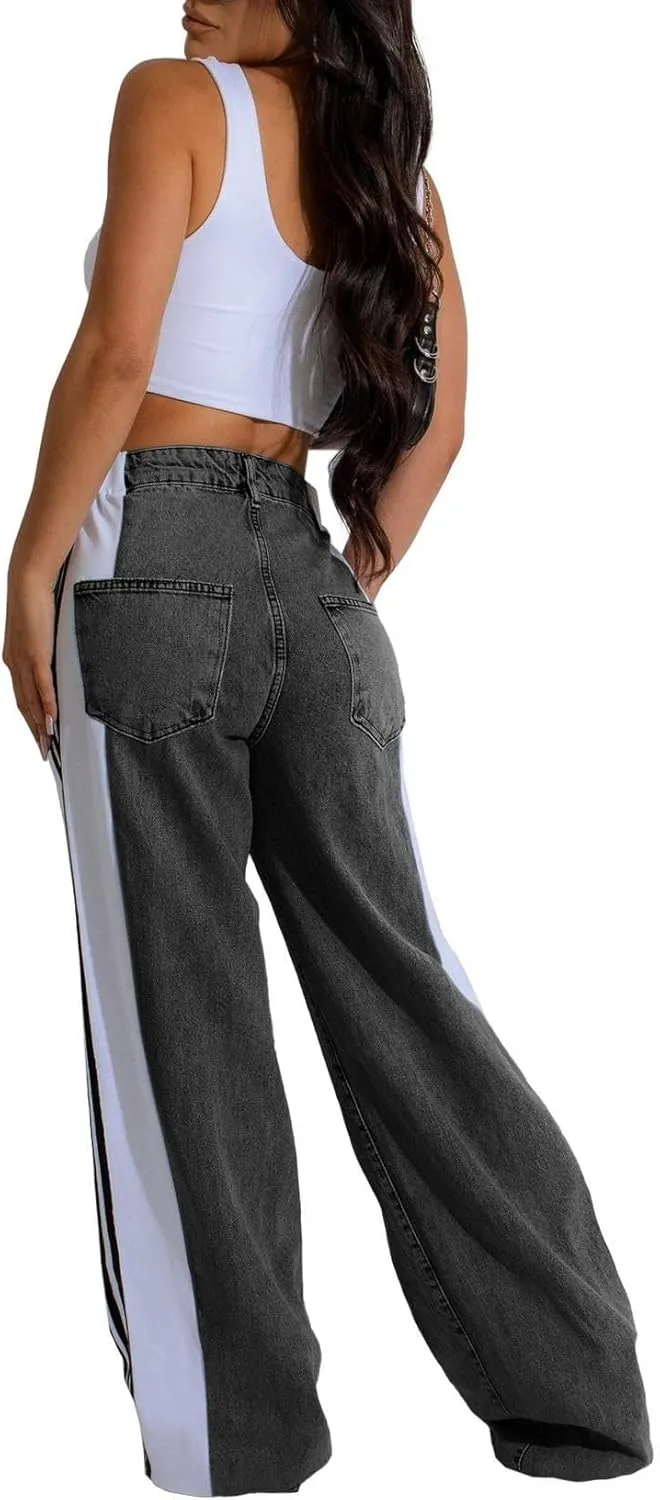 Women's Loose Denim Jeans with Patchwork Stripes High Waist Color Block Wide Leg Pants