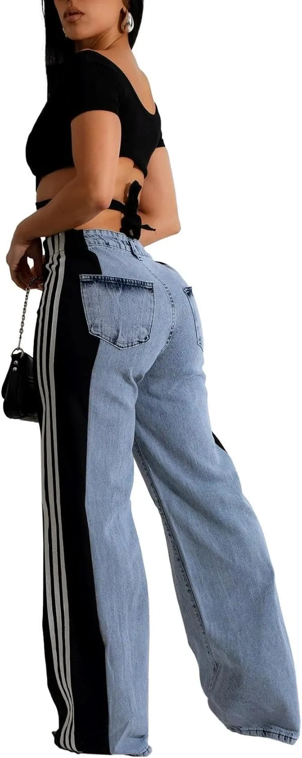 Women's Loose Denim Jeans with Patchwork Stripes High Waist Color Block Wide Leg Pants