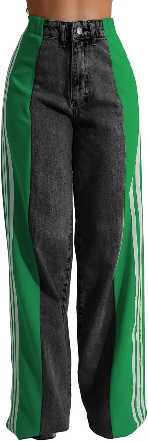 Women's Loose Denim Jeans with Patchwork Stripes High Waist Color Block Wide Leg Pants
