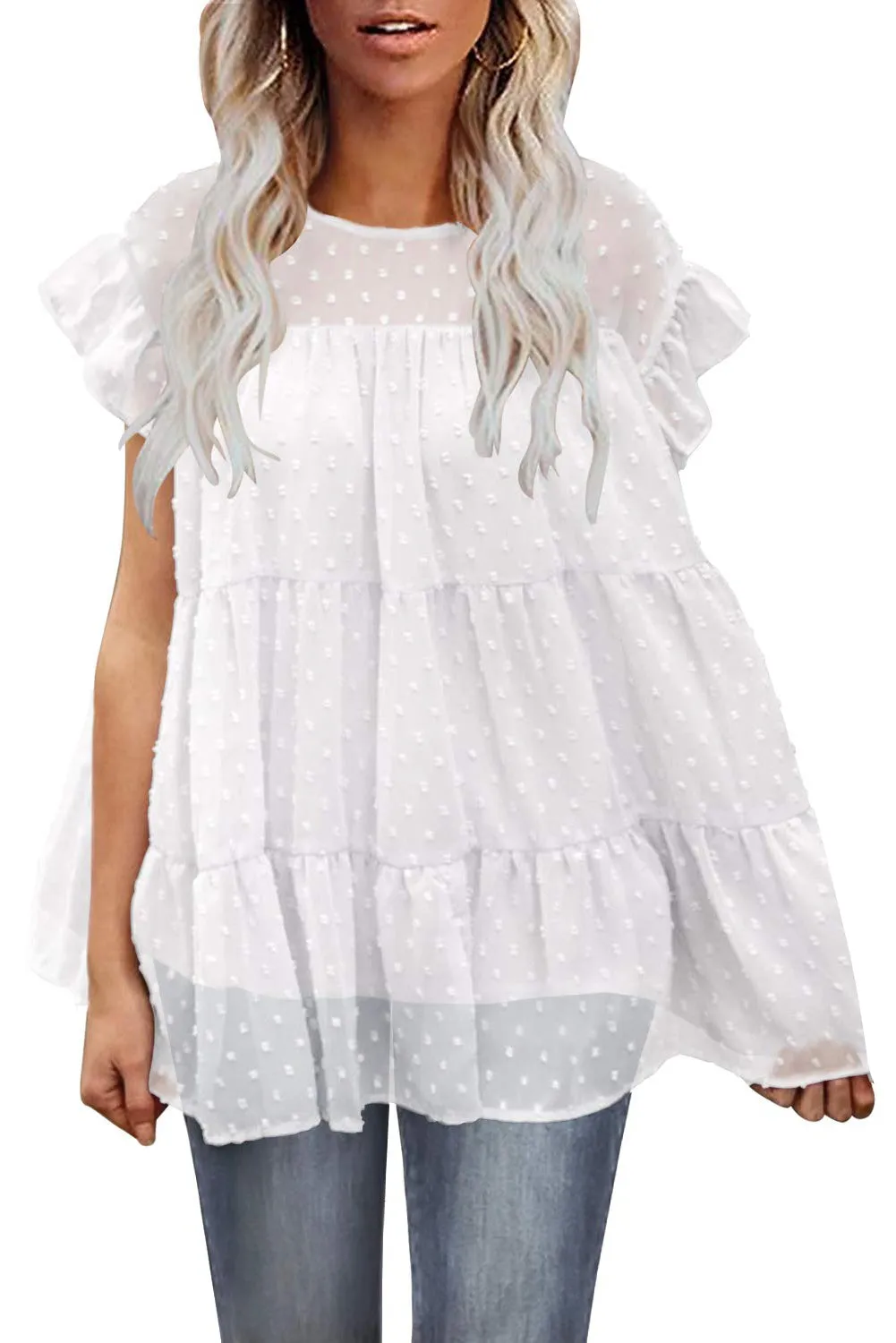 Women's Swiss Dot Tops Flutter Sleeve Tiered Shirts