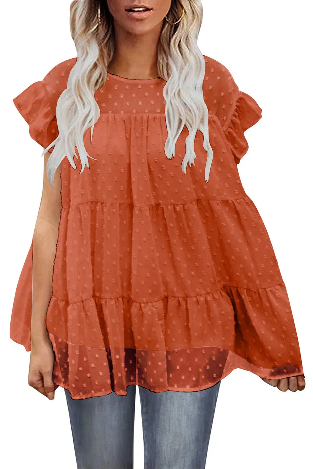 Women's Swiss Dot Tops Flutter Sleeve Tiered Shirts